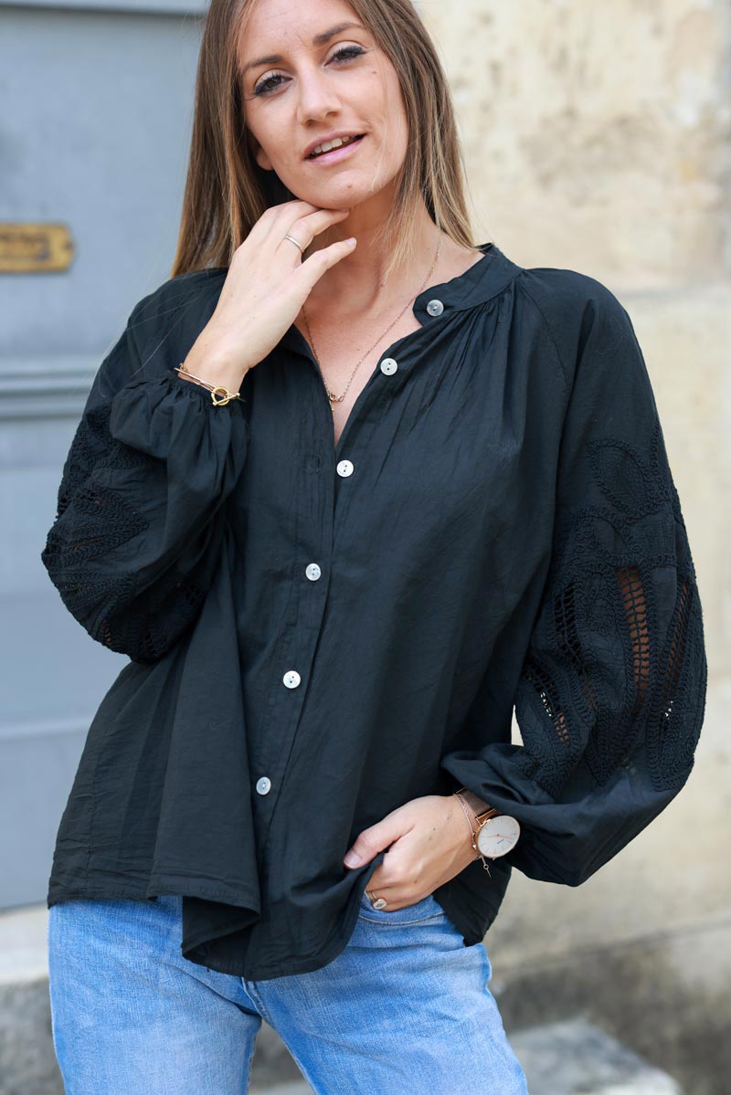 Camisa Túnica Negra Botones Mangas Crochet