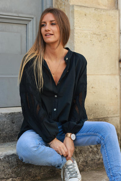 Camisa Túnica Negra Botones Mangas Crochet