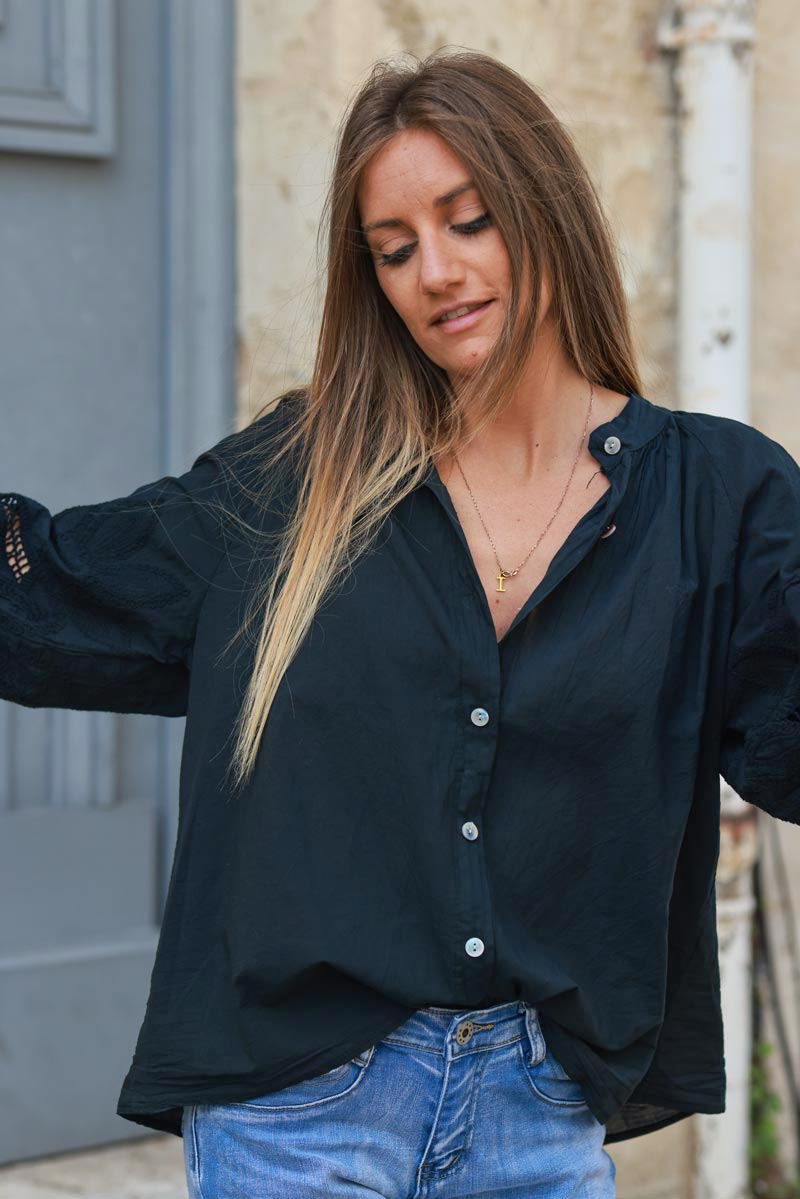 Camisa Túnica Negra Botones Mangas Crochet