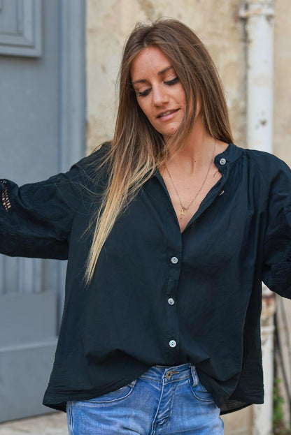 Camisa Túnica Negra Botones Mangas Crochet