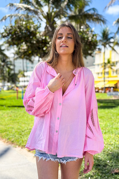 Camisa Túnica Rosa Botones Mangas Crochet