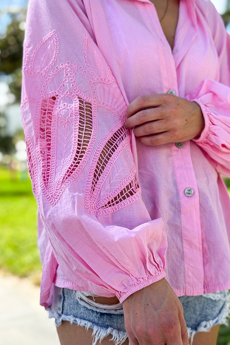 Camisa Túnica Rosa Botones Mangas Crochet