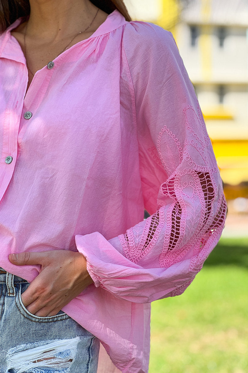 Camisa Túnica Rosa Botones Mangas Crochet