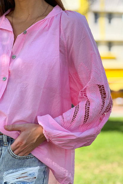 Camisa Túnica Rosa Botones Mangas Crochet