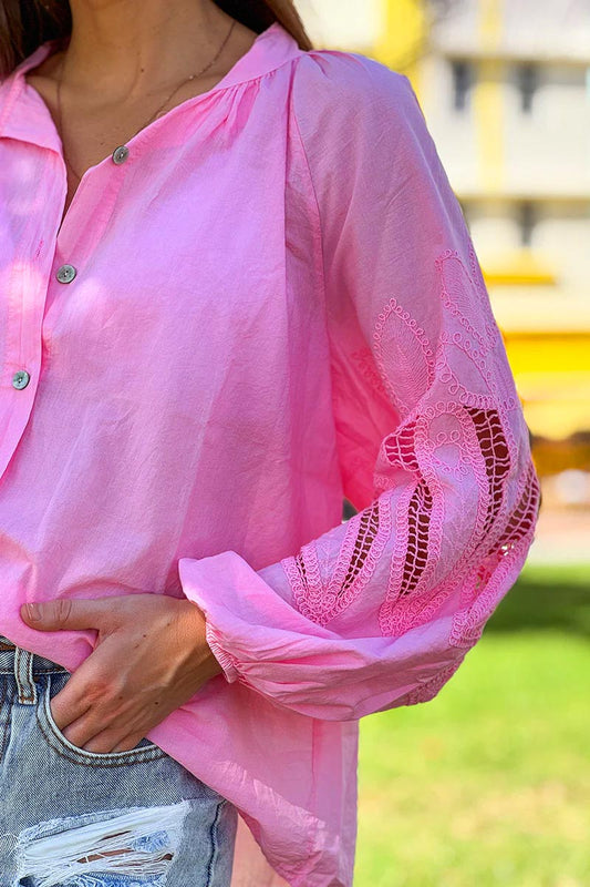 Camisa Túnica Fucsia Botones Mangas Crochet